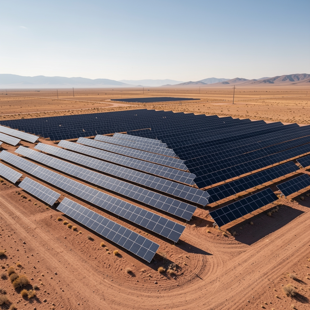 Central solar de gran escala con filas ordenadas de módulos en una llanura argentina sin personas