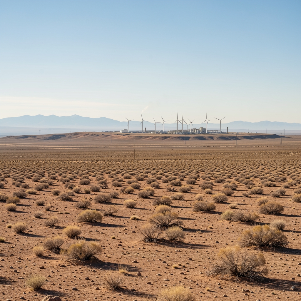 Paisaje árido de Neuquén con infraestructura energética distante y sin personas