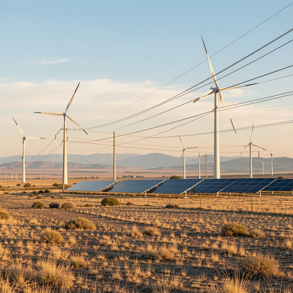 Paisaje argentino con parque eólico, paneles solares y líneas eléctricas sin personas
