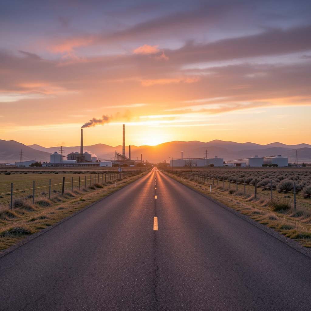 Meseta neuquina al atardecer con camino industrial vacío y sin personas