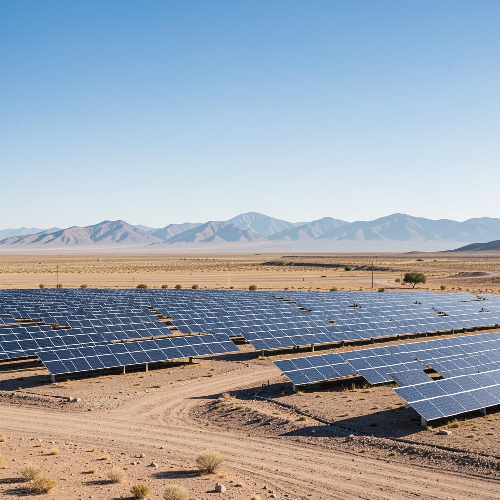 Parque fotovoltaico en una planicie de Cuyo con montañas lejanas y cielo despejado, sin personas