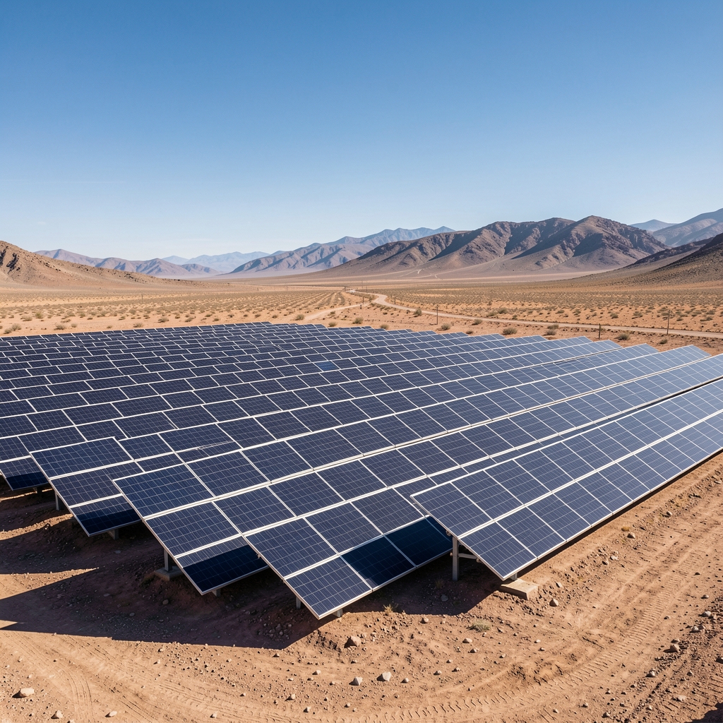 Filas de paneles solares fotovoltaicos en un paisaje árido de Jujuy, Argentina, bajo cielo despejado y sin personas