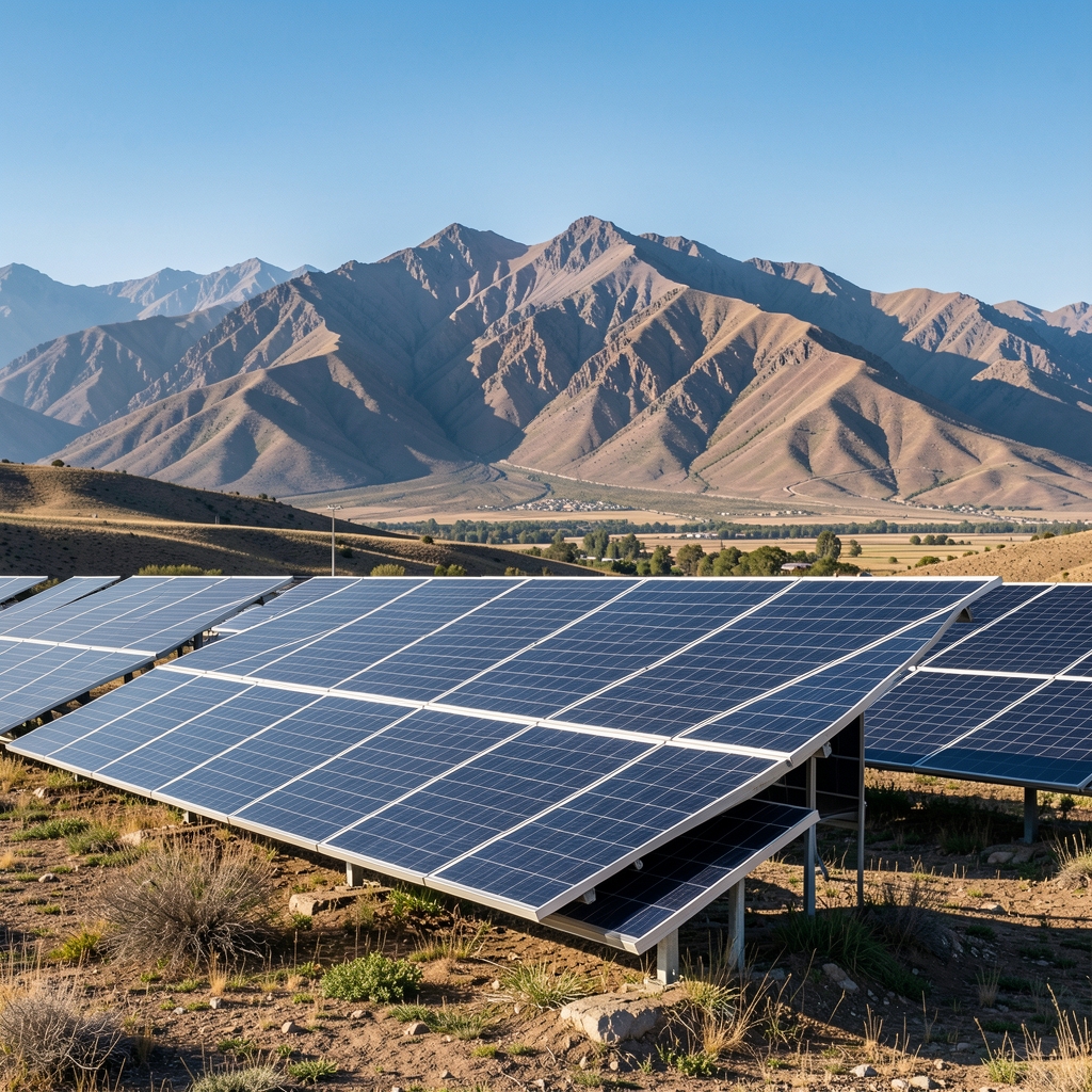 Paneles solares orientados hacia un horizonte de montaña argentino sin personas