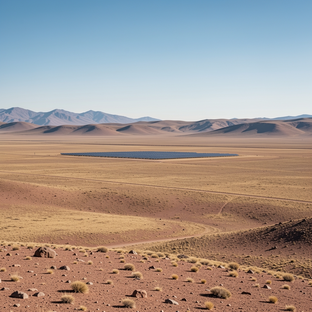 Panorama de altiplano del NOA argentino con parque solar distante y ningún ser humano