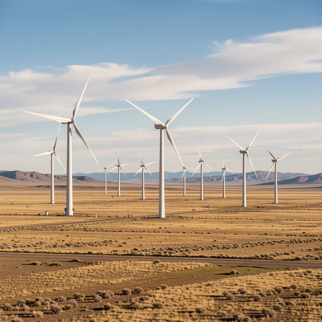 Aerogeneradores de un parque eólico en la estepa patagónica argentina, con montañas lejanas y sin personas