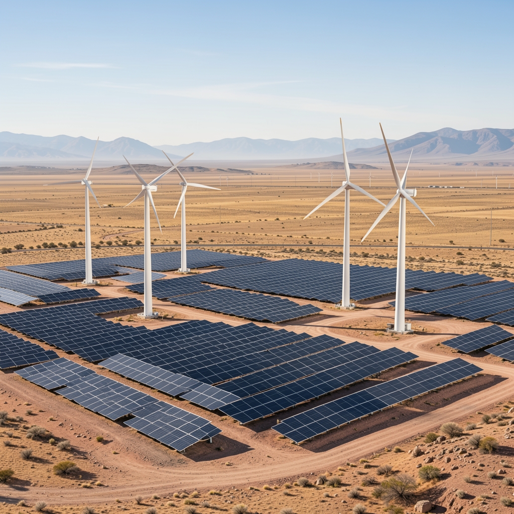Paisaje argentino con parque solar y aerogeneradores imaginado como infraestructura futura, sin personas