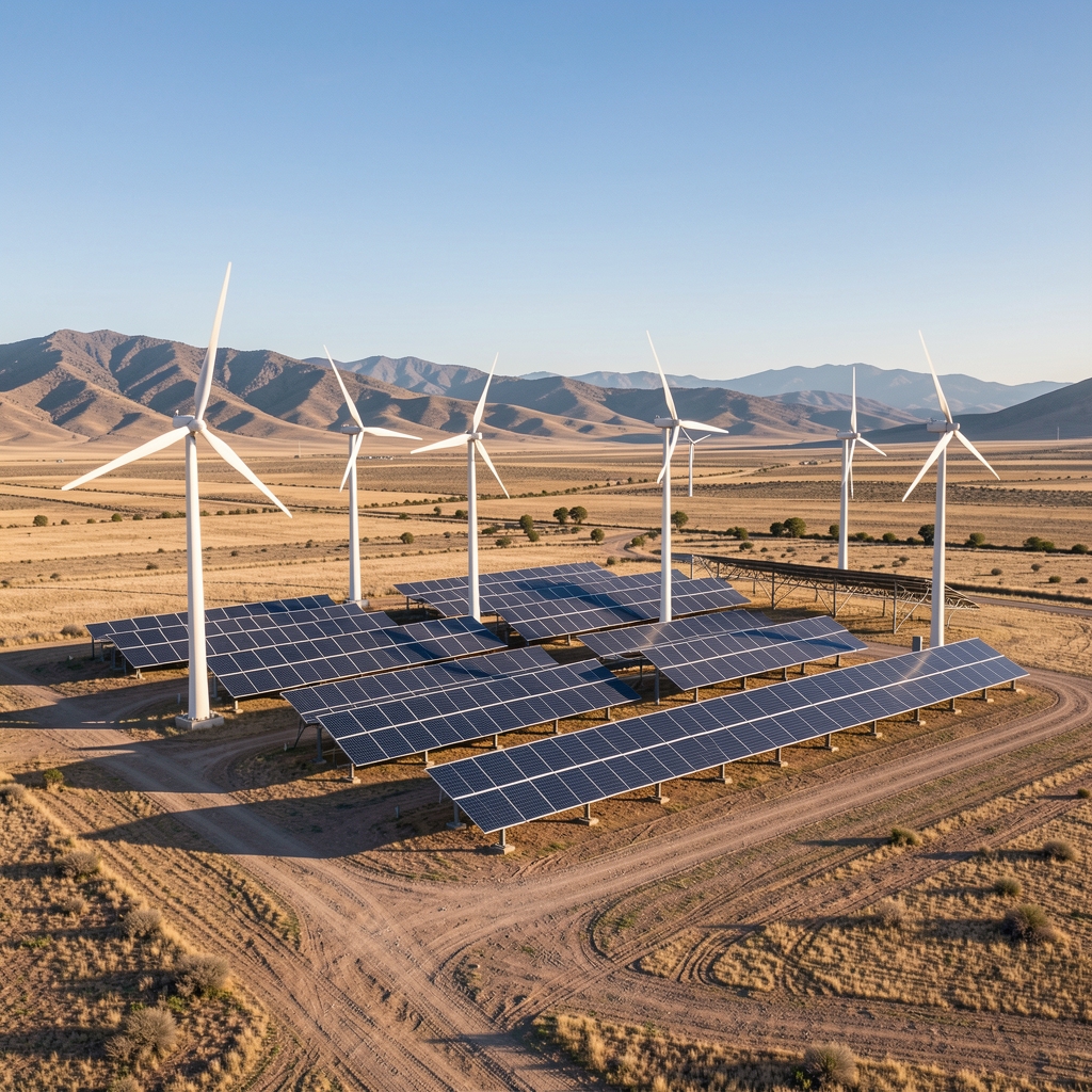 Infraestructura de parque renovable híbrido con paneles y aerogeneradores en paisaje argentino sin personas