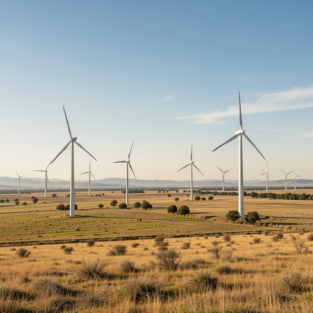 Parque eólico construido en un paisaje rural argentino bajo cielo amplio, sin personas
