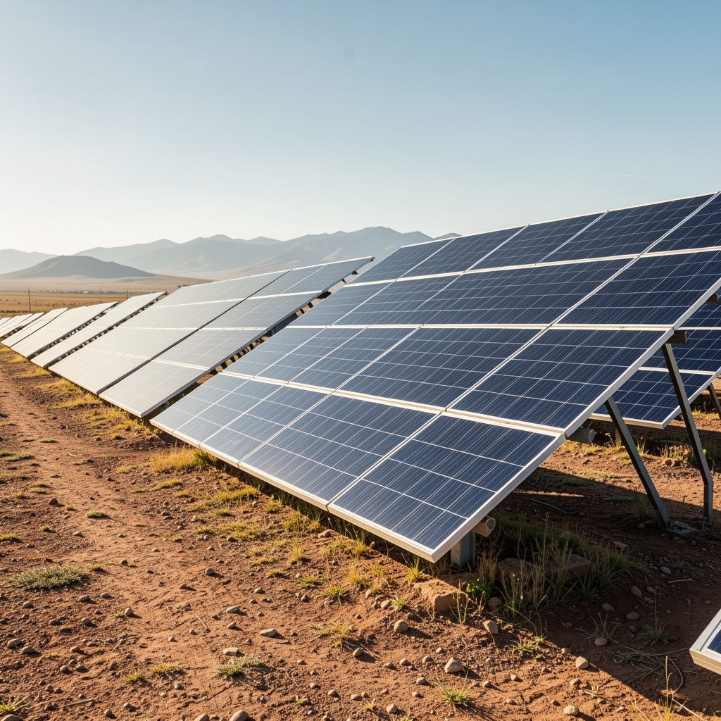 Filas de paneles solares inclinados en un parque del noroeste argentino sin personas
