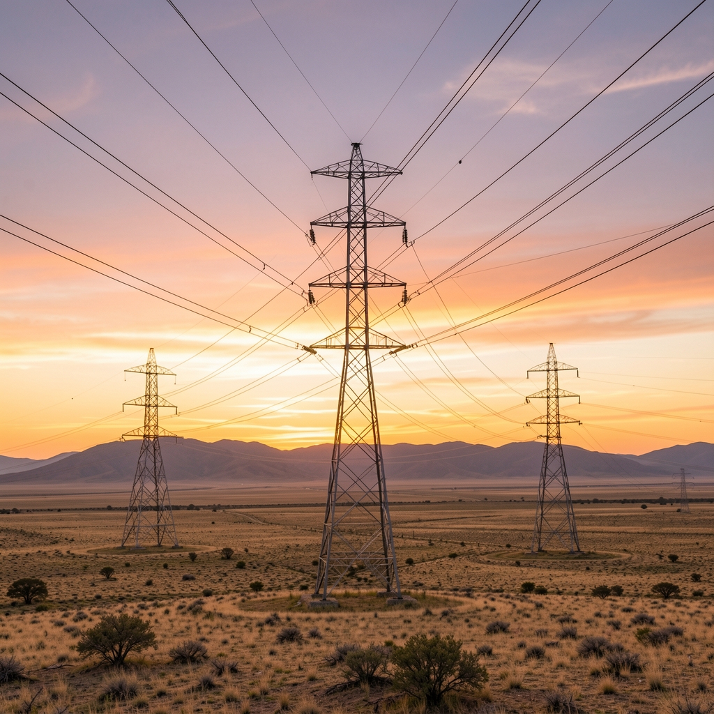 Torres de transmisión eléctrica atravesando un paisaje abierto argentino al atardecer, sin personas ni edificios cercanos