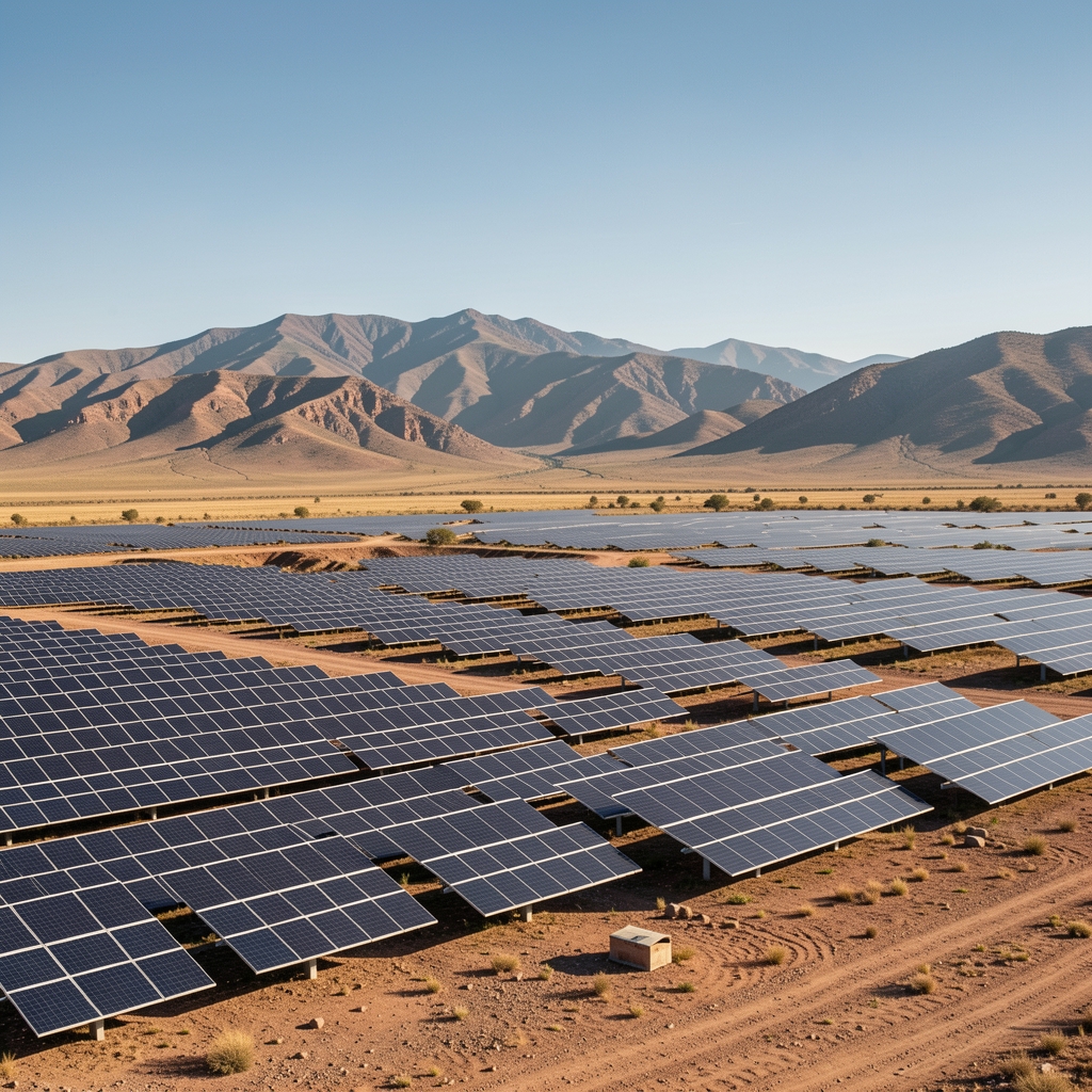 Parque solar de gran escala en el noroeste argentino con paneles orientados hacia el sol y paisaje montañoso sin personas