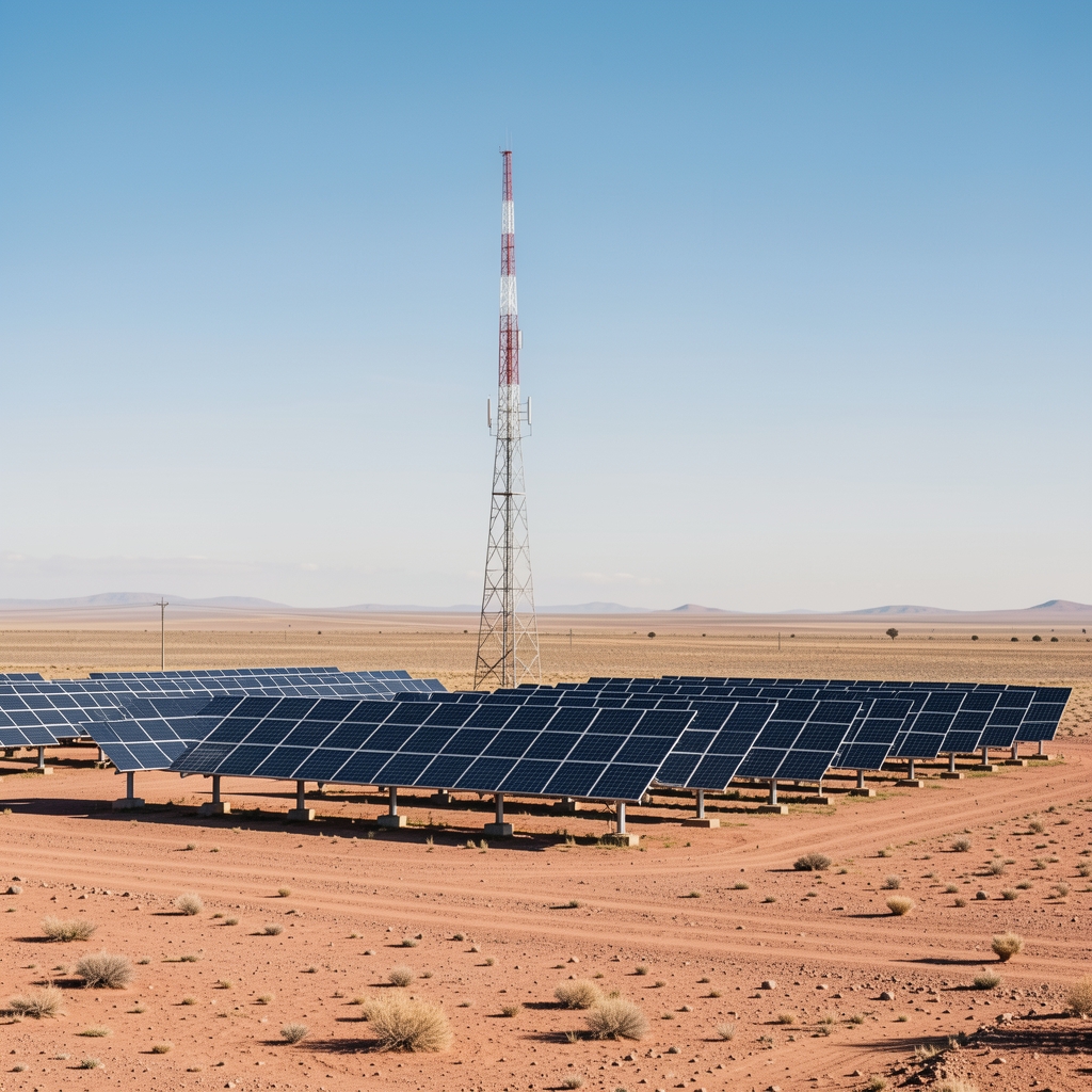 Módulos solares y torre de transmisión en una planicie argentina sin personas