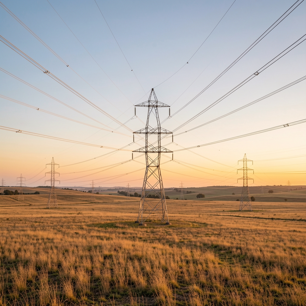 Torres de transmisión eléctrica cruzando un campo argentino al amanecer sin personas